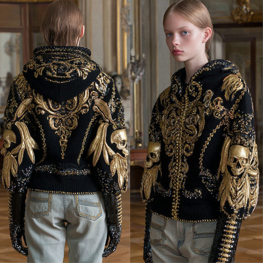 Comstylish Women's Halloween Baroque Skull Pattern Knit Zipper Sweater