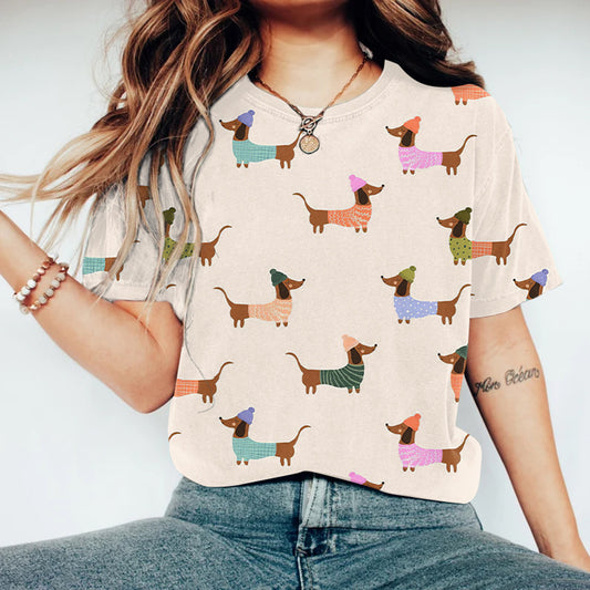 Comstylish Cute Dachshund Dog Art Vintage Washed T Shirt