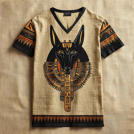 Egyptian Anubis Totem Men's Linen Short Sleeve Shirt elevenforest