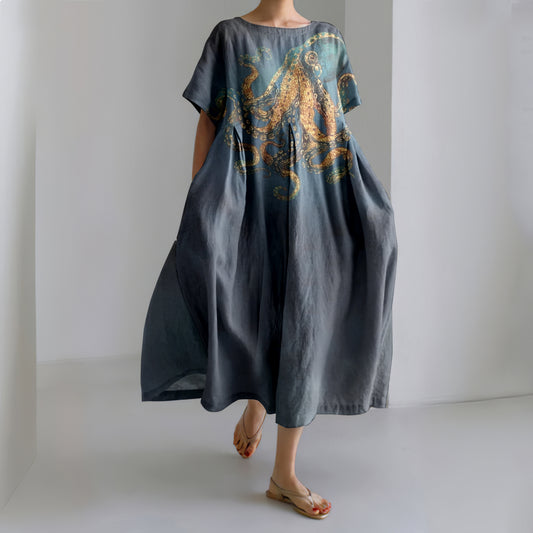 Japanese Octopus Art Linen Blend Casual Dress