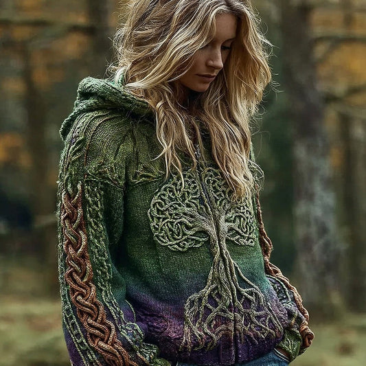 Women's Viking Celtic Tree Of Life Chunky Knit Warm Zip-up Hooded Sweater elevenforest