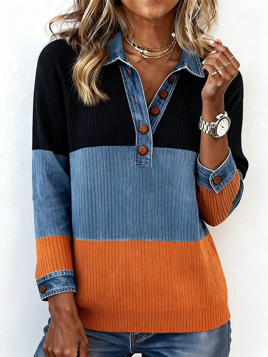 Women'S Contrasting Knitted Lapel Top 