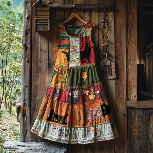 Vintage Black Cat And Floral Linen Tank Dress elevenforest
