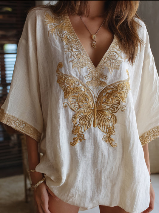 Bohemian-style Golden Butterfly Three-dimensional Embroidery Vintage V-neck Short-sleeved Shirt elevenforest