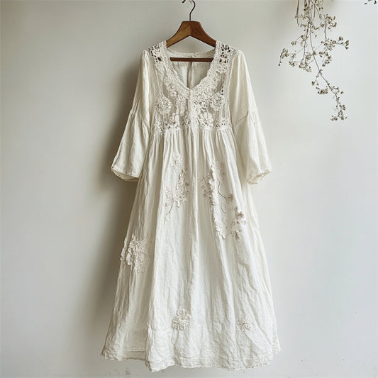 Vintage Floral Hollow Lace Patchwork Linen Maxi Dress elevenforest