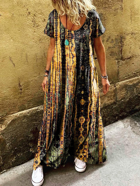 Women's Boho Retro Folk Art Print Pocket Short Sleeve Cotton Dress