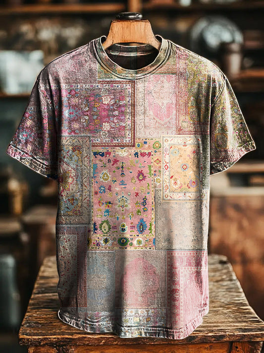 Pink Patchwork National Flowers pattern Vintage Art Print Casual T-shi