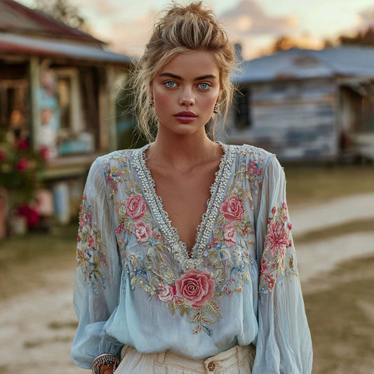 Women's Vintage Floral Embroidery Linen Blend V-neck Shirt elevenforest