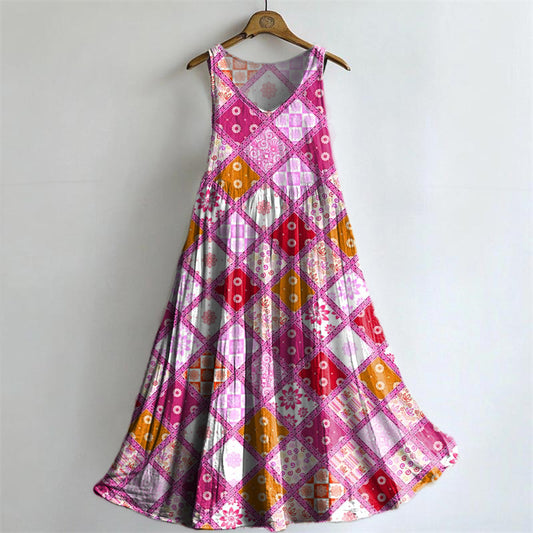 Women's Vintage Bohemian Floral Art Print Crew Neck Sleeveless Cotton