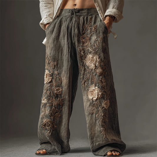 Men's Vintage Flowers Dusty Dyed Wide Leg Linen Pants elevenforest
