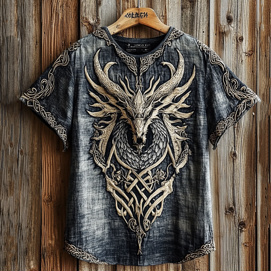 Men's Viking Celtic Wolf Head Washed Contrast Color Linen T-shirt elevenforest