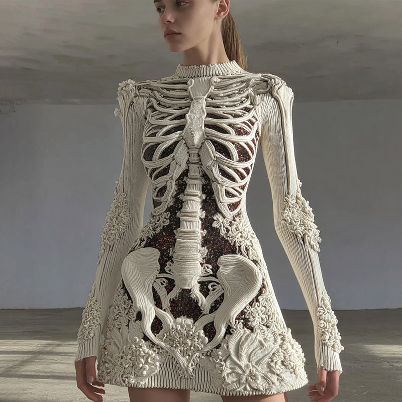 Women's Vintage Halloween Skull Art Knitted Warm Sweater Dress artswardrobe