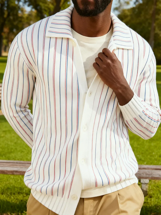 Retro Striped Print Knitted Collar Cardigan Sweater