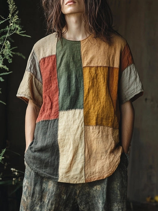 Men's Vintage Contrast Patchwork Cozy T Shirt elevenforest