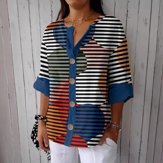 Women's Geometric Stripe Art Print Button Linen Blend Shirt elevenforest