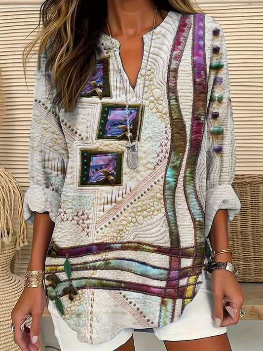 Flower & Bird Embroidery Art Women's Linen V-neck Shirt elevenforest