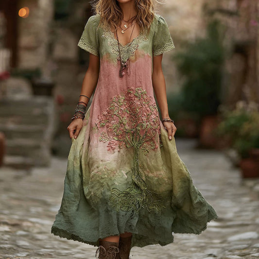 Women's Vintage Viking Tree Of Life Gradient Short Sleeve Dress elevenforest