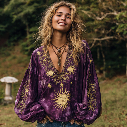 Bohème Moon And Stars Golden Print V-neck Long Sleeve Top elevenforest