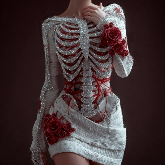 Comstylish Women's Skeleton Red Rose Art Knit Mini Sweater Dress