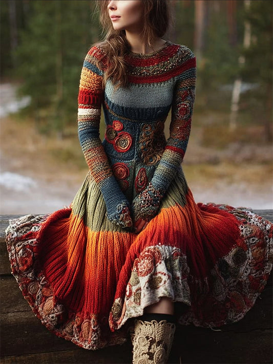 Boho Floral Crochet Geometric Colorblock Maxi Sweater Dress artswardrobe