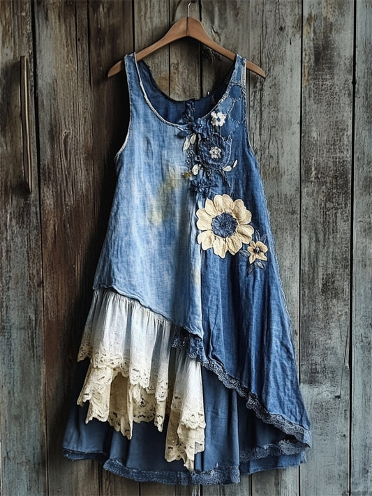 Flowers Denim Textile Lace Patchwork Tank Dress elevenforest