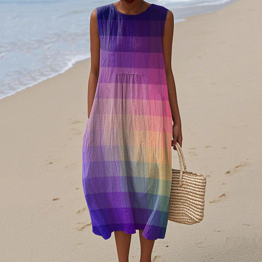 Women's Retro Colorful Plaid Print Cotton And Linen Sleeveless Dress elevenforest