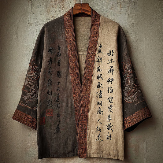 Japanese Dragons Calligraphy Art Contrast Linen Kimono elevenforest