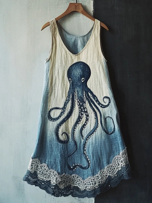 Octopus Pattern Lace Patchwork Linen Blend Dress elevenforest