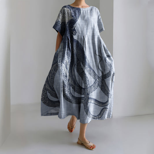Japanese Art Stripe Octopus Print Casual Art Linen Blend Maxi Dress elevenforest