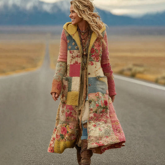Women's Vintage Patchwork Floral Art Cozy Knit Hooded Long Cardigan artswardrobe
