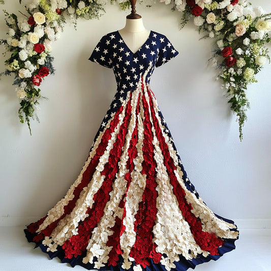 Women's Independence Day Flag And Floral Print Short Sleeve Dress artswardrobe