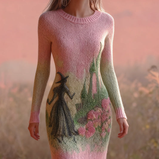 Halloween 2025 Witch Beads Embroidered Cozy Sweater Dress artswardrobe