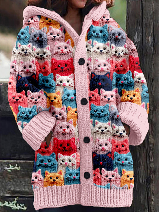 KS | Knitted coat with button placket and playful cat print
