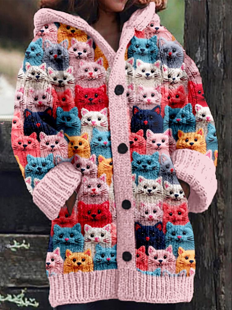 KS | Knitted coat with button placket and playful cat print
