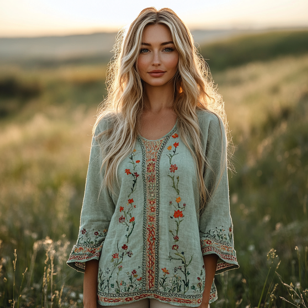 Comstylish Retro Bohemian Floral Embroidery Art Graphics Linen Blend Loose Blouse