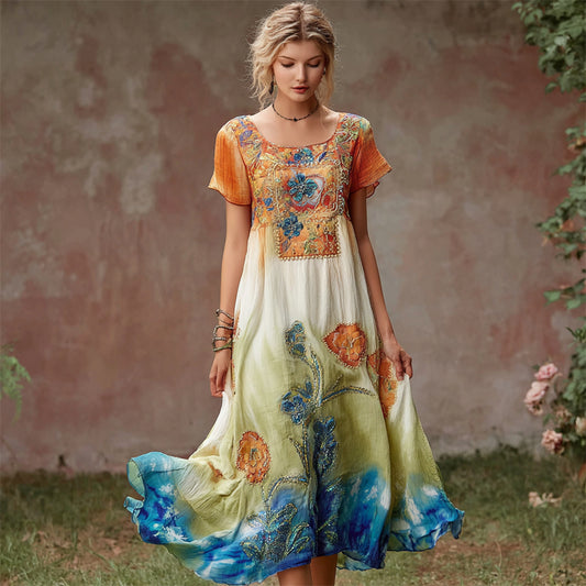 Boho Style Sunset Floral Tie-dye Women's Linen Short Sleeve Maxi Dress elevenforest