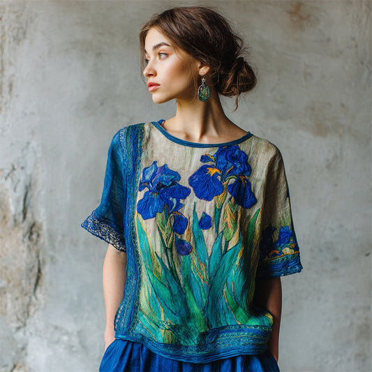 Oil Painting Inspired Irises Embroidered Contrast Linen Tunic elevenforest