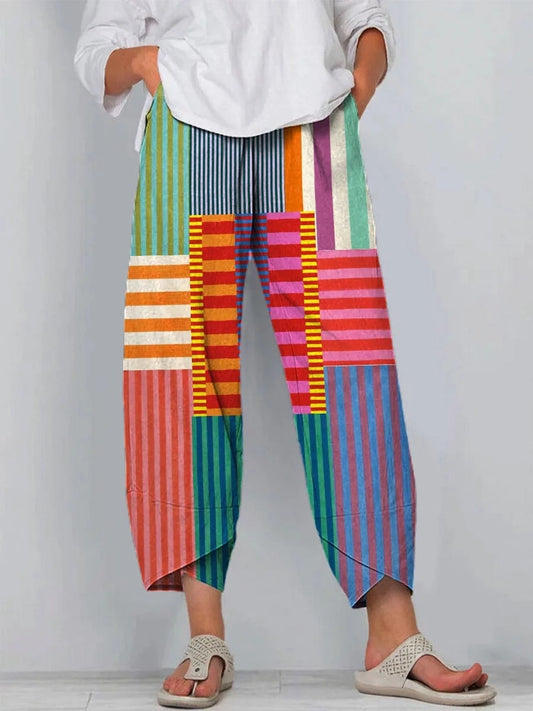Comstylish Women's Vintage Contrast Color Geometric Pattern Linen Blend Pants