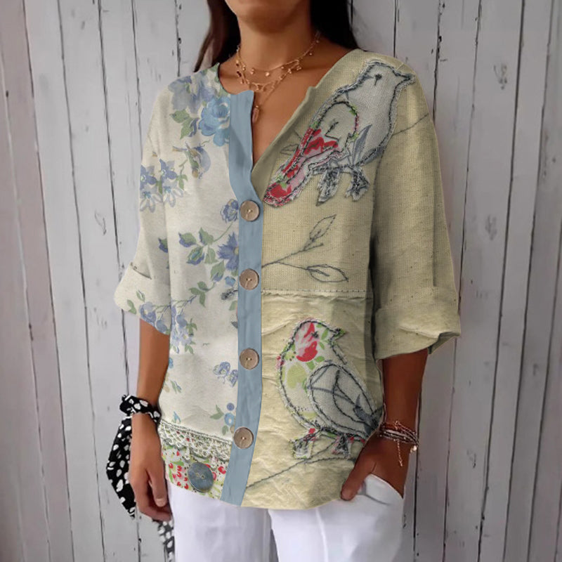 Women's Vintage Floral And Bird Art Embroidery Button-down Shirt elevenforest