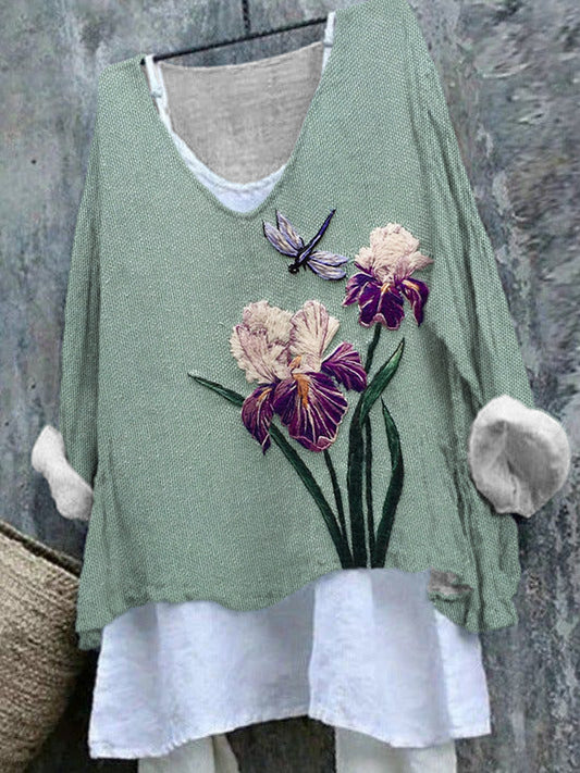 Comstylish Flower & Dragonfly Embroidery Art Linen V-Neck T-Shirt