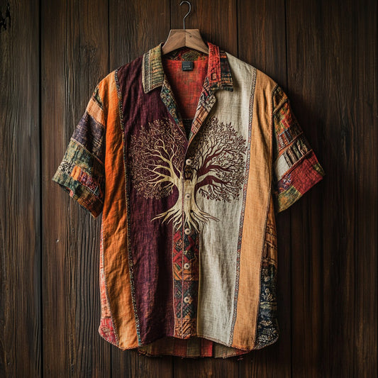 Men's Tribal Ethnic Tree Of Life Patchwork Contrast Shirt elevenforest