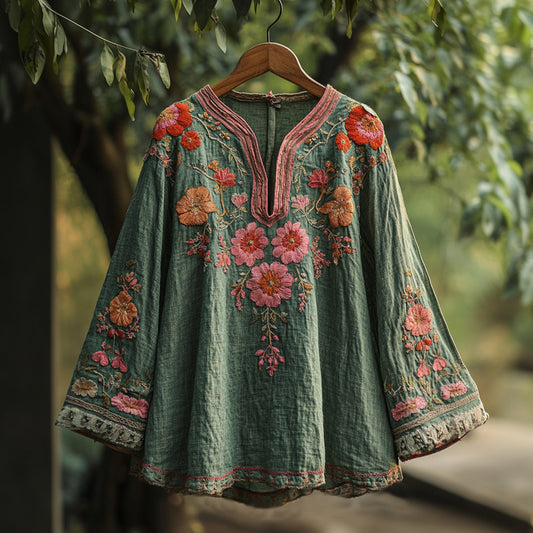 Women's Bohemian Vacation Vintage Floral Long Sleeve Shirt elevenforest