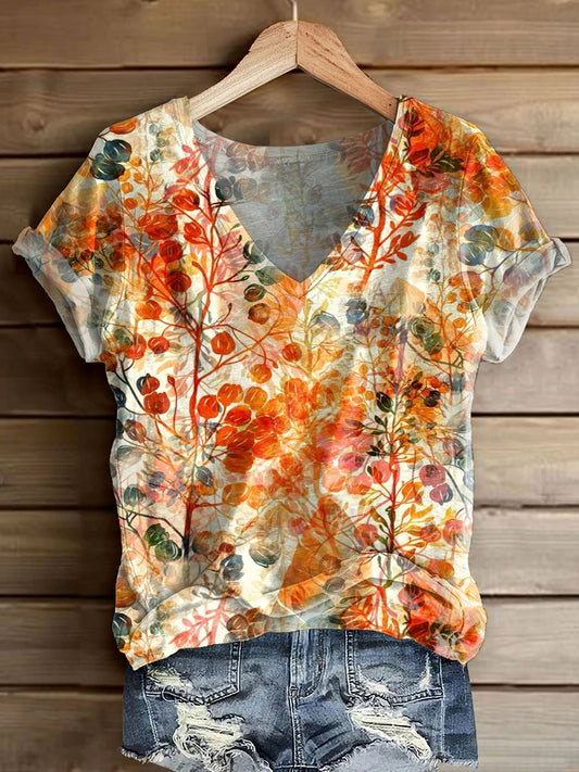 Women's Floral Art Print Casual V Neck Cotton T-Shirt