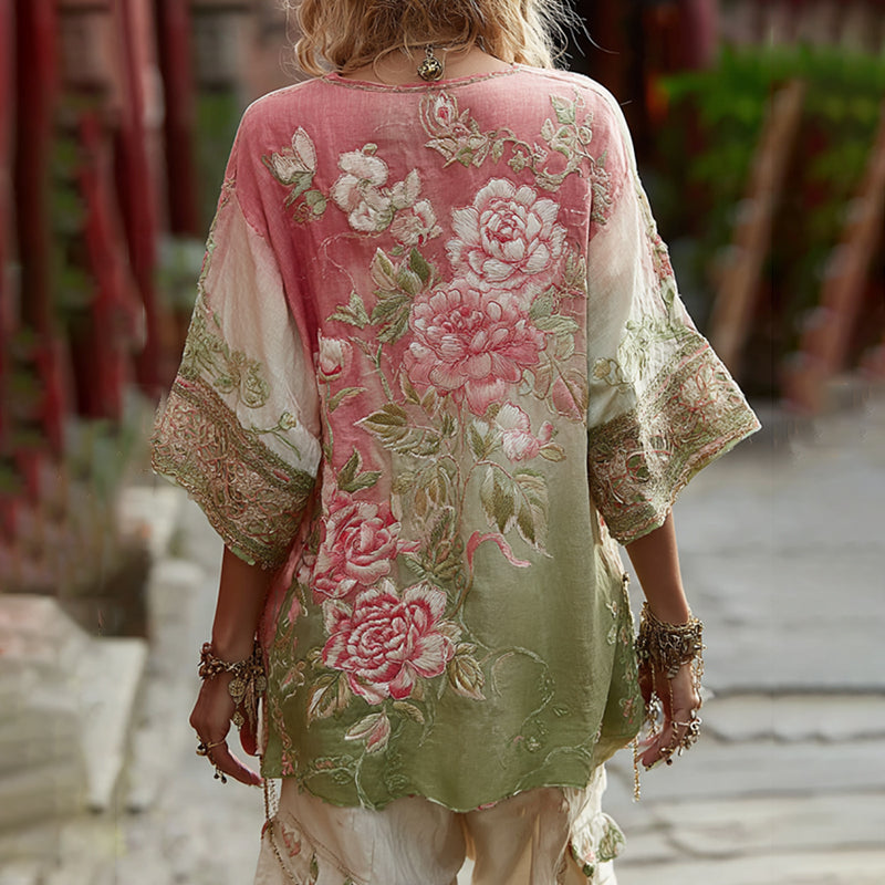 Love & Health Collection Classic Rose And Floral Art Linen V Neck Shirt elevenforest