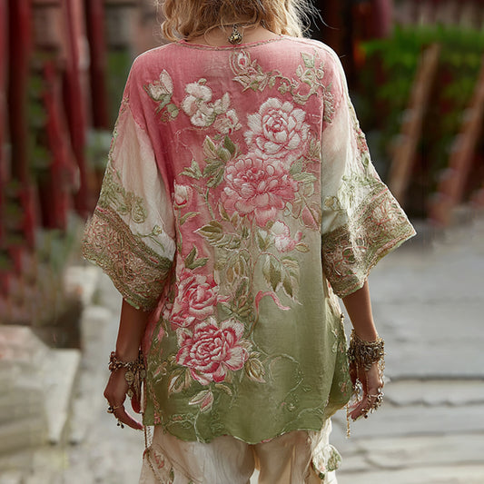 Love & Health Collection Classic Rose And Floral Art Linen V Neck Shirt elevenforest