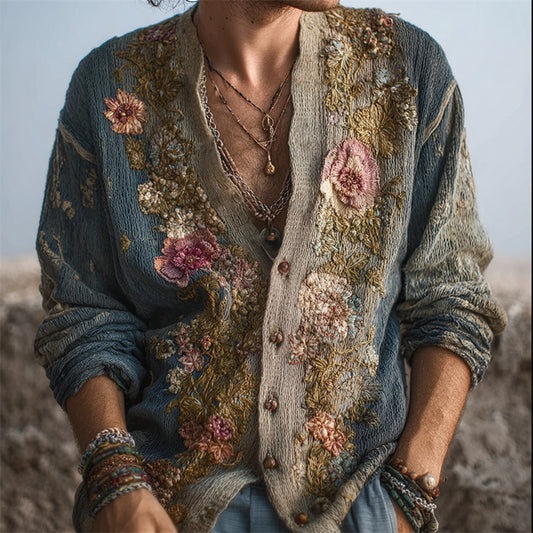 Men's Vintage Floral Embroidered Contrast Comfy Knit Cardigan elevenforest