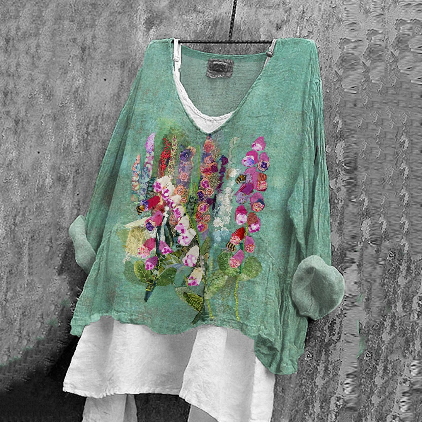 Comstylish Vintage Floral Art Linen Blend Blouse