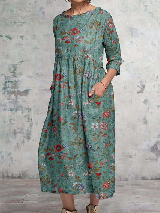 Women's Classic Floral Pattern Round Neck Cotton and Linen Top with Pockets