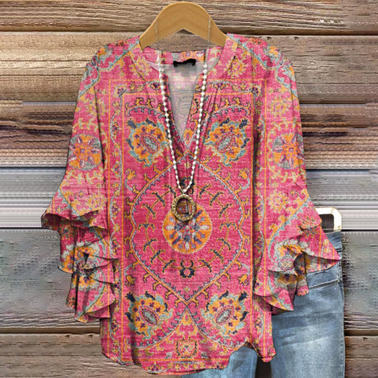Women's Colorful Retro Totem Art Print Casual Cotton And Linen Shirt