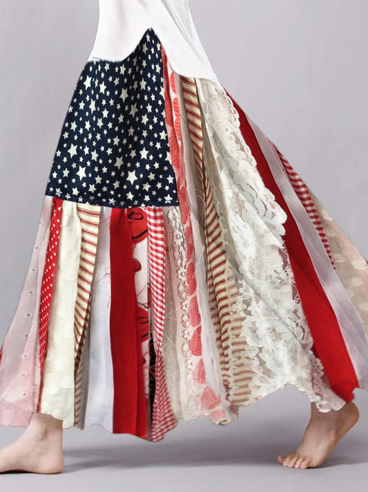 Vintage Boho Flag Pentagram Patchwork Women's Linen Flutter Half Skirt elevenforest